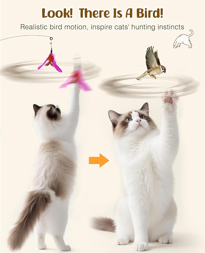 Pawaboo Feather Teaser Cat Toy, Interactive Feather Wand Cats Toy Flying Feathers Cat Catcher with Extra Long 34.5" Wand and Small Bell, Exerciser Playing Toys for Kitten or Cats, Rose + Red Brown