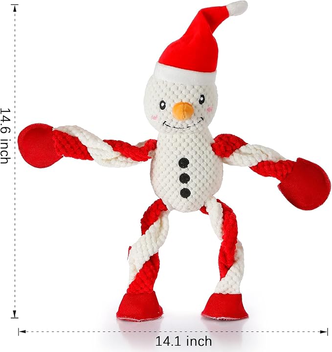 Senneny Christmas Dog Toys, Squeaky Snowman Plush with Ropes for Tug of War, Durable Interactive Chew Toys for Puppy Small Medium Large Dogs