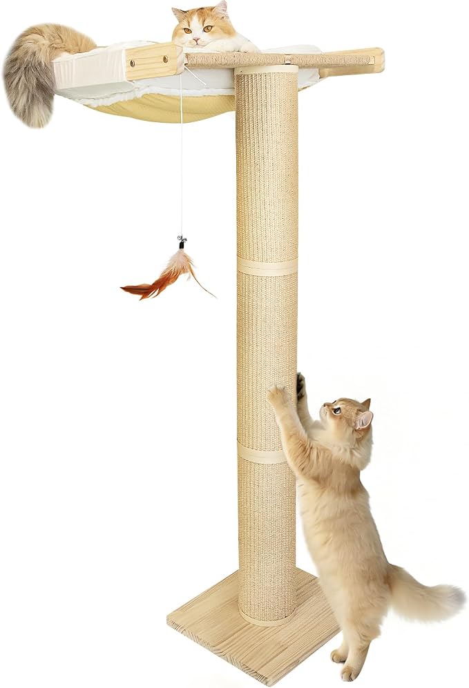 Cat Window Perch Hammock with 3-Piece Detachable Roman Column Sisal Scratching Posts, White Fluffy Cusion, Drill-Free Suction Cup Mount, Extra Large for Large Cats & Maine Coons, 60 LBS Capacity