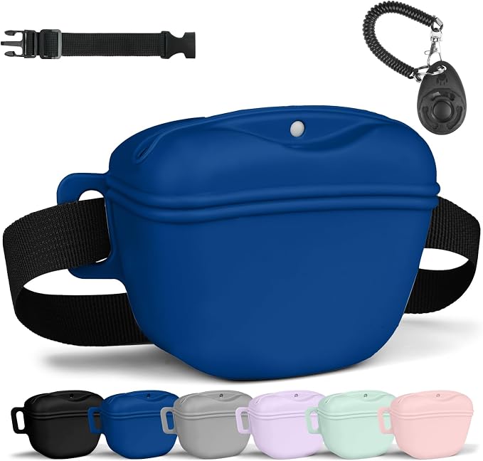 AOMIG Dog Treat Pouch with Training Clicker, 1.67 Cup Silicone Dog Treat Bag with Stronger Magnetic Closure, Portable Pouches for Pet Training Walking Premium Fanny Pack with Waist Belt(Dark Blue) | Silicone Bag Treats, Training, Portable, Dark Blue