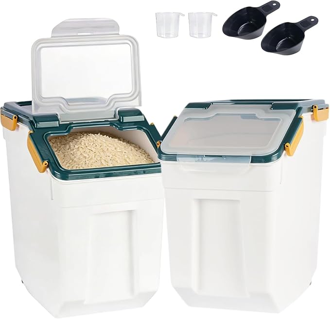 AnRui Flour Storage Container 25lb, Grain Storage Bucket, Airtight Rice Cereal Dispenser Organizer Box with Lid, Wheat Berry Storage Bin with Measuring Cup, Scoop, Wheels, 2Pcs Blue