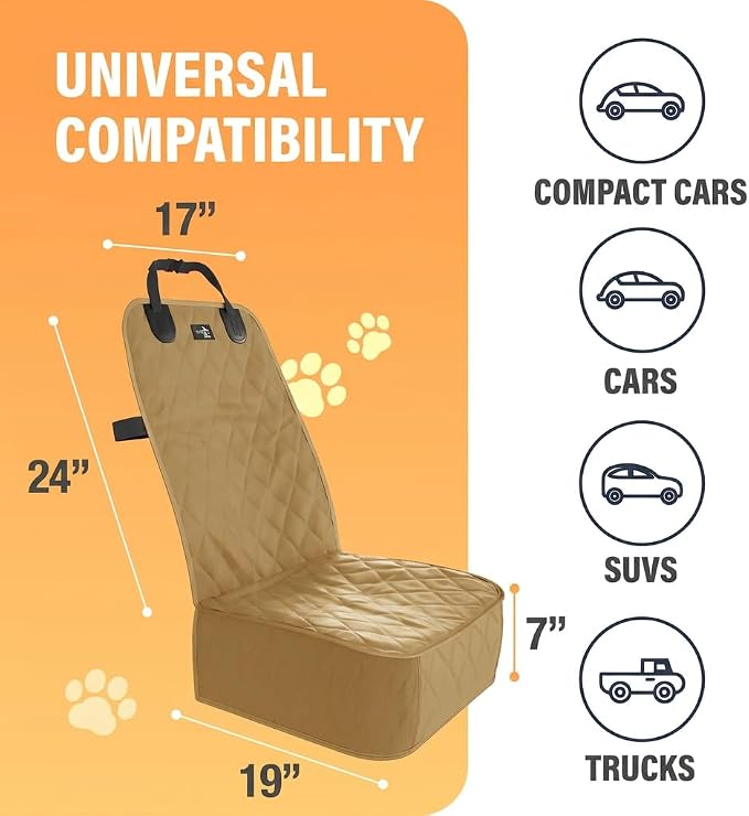 Active Pets Dog Car Seat Cover, Waterproof Front Seat Protector for SUV Truck Sedan, Pet Safety Travel Comfort System with Universal Fit, Beige