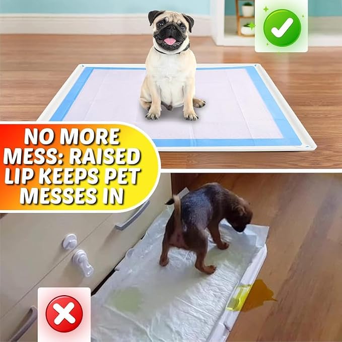 TidyFriend Dog Pee Pad Holder Tray Fits for 30” x 36” Pee Pads with Corner Lock Holes, Raised Edges, Non-Spill, Easy to Clean Silicone Dog Potty Tray Holder, For Indoor Floor Protection (White)