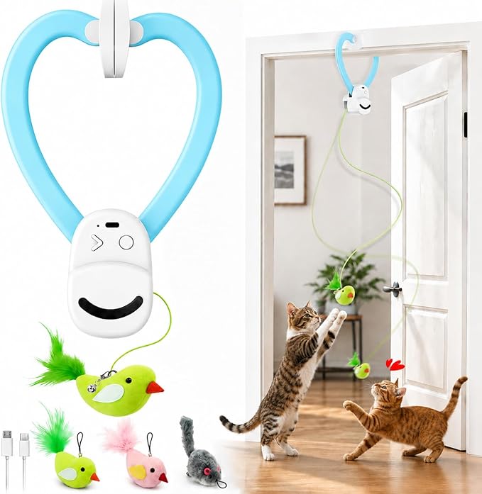 Interactive Cat Toys for Indoor Cats: Automatic Flying Bird Feather Wand Chase Exercise Enrichment Stimulation, USB Rechargeable Durable Safe Hanging Toy for Bored Kittens Adult Multi Cat Households