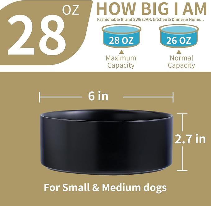 Black Raised/Elevated Ceramic Dog Bowl for Small Medium Sized Breeds,Dog Food Water Bowl with Stand,6 in Non Slip Heavy Pet Feeding Dish 3.6 Cups/ 850 ml /28 OZ