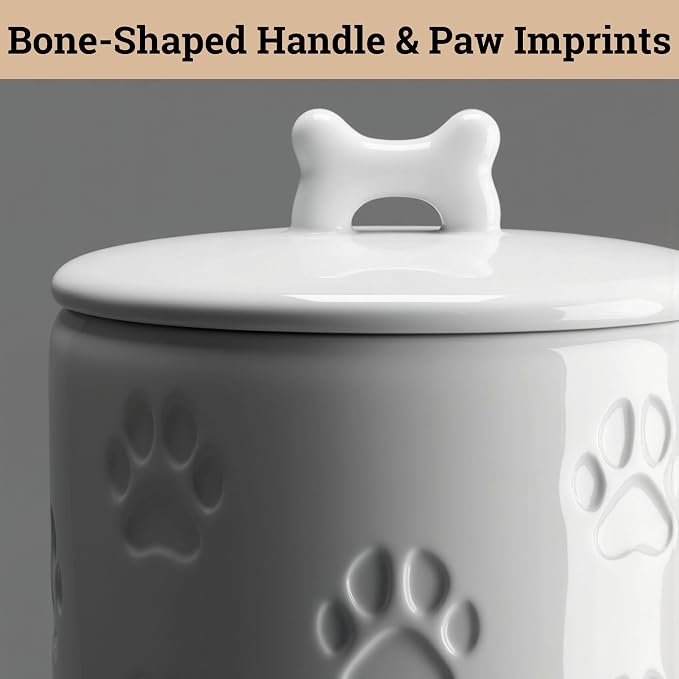 Dog Treat Container Airtight, 5"W x 9"H, Ceramic 7 Cups Big Treats Canister | Sturdy Durable Ceramic, Airtight Ceramic Lid, Fits All Popular Treats, Food Safe, Cute all-over Paw Prints and Bone Handle