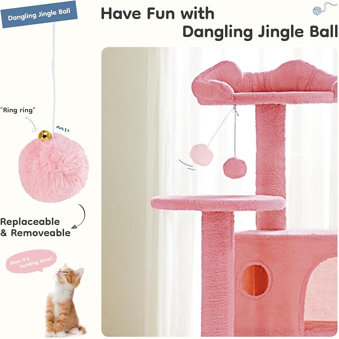 DUMOS 54-inch Cat Tree Tower with Scratching Posts, Indoor Use | Multi-Level Pet House for Large Cats with 2 Condos, Round Platform, Small Ladder and Toys, Pink