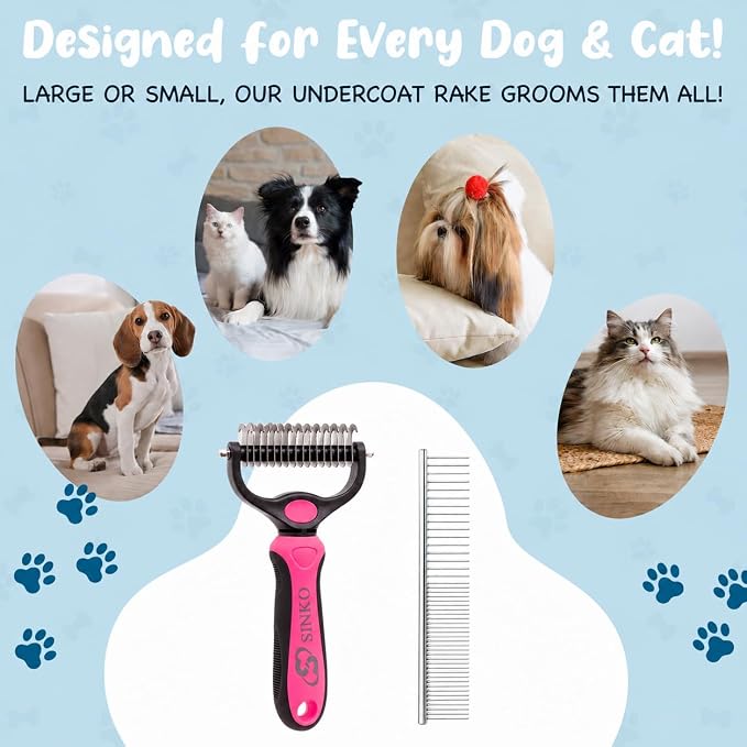 Sinko Shedding Brush for Dog and Cat, Undercoat Rake & Comb with Extra-Wide Double-Sided Stainless Steel Teeth for Deshedding, Brushing, Removing Loose Fur, Knots, Mats & Tangles in Pets (pink)