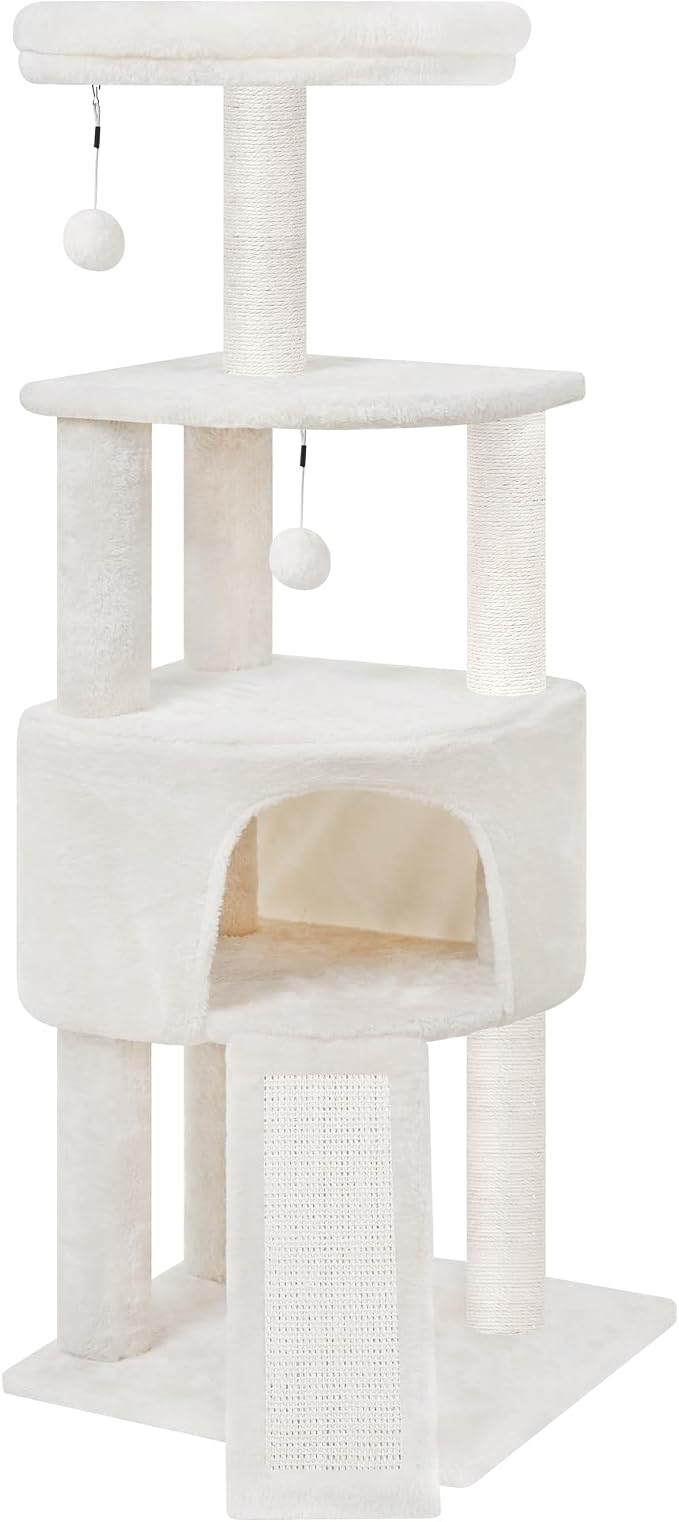 HUITREE 45in Cat Tree Tower with Big Condo for Indoor Kitten,Cat Tower with Scratching Post,Scratching Board and Cat Toys,Multi-Level,Small Space,Transformer Cat Tree, Beige(New)