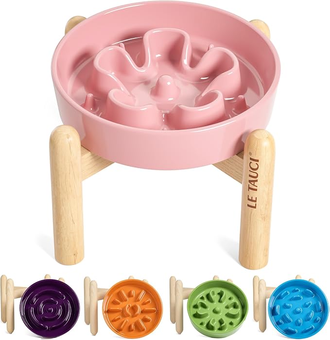 LE TAUCI Ceramic Slow Feed Dog Bowls, Elevated for Small Breeds, Anti-Gulping, Non-Slip, 6 inch, Pink