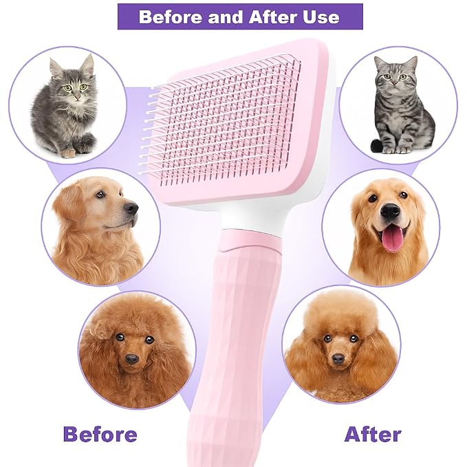 Self-Cleaning Slicker Brush, Dog Cat Bunny Pet Grooming Shedding Brush, Easy to Remove Loose Undercoat, Pet Massaging Tool Suitable for Pets with Long or Short Hair (Baby Pink)
