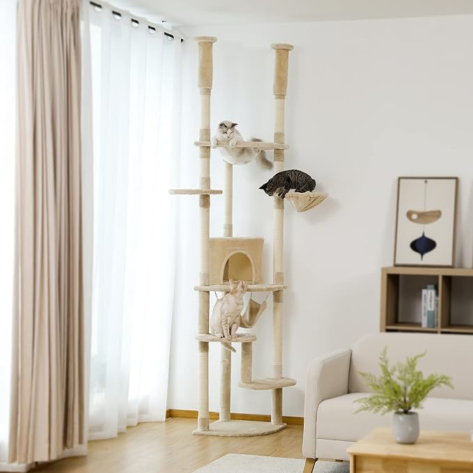 PEQULTI Floor to Ceiling Cat Tree, 92.9-101.6in Adjustable Cat Tower, Beige | Adjustable tower braces floor to ceiling; cozy condo, large hammock, perches & 9 sisal posts on fan base with anti-tip strap