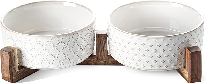 LE TAUCI Dog Bowls Ceramic for Small Medium Dogs - 4-Cup Dual Food & Water Bowl Set with Acacia Wood Stand, Non-Slip Anti-Tip Elevated Design