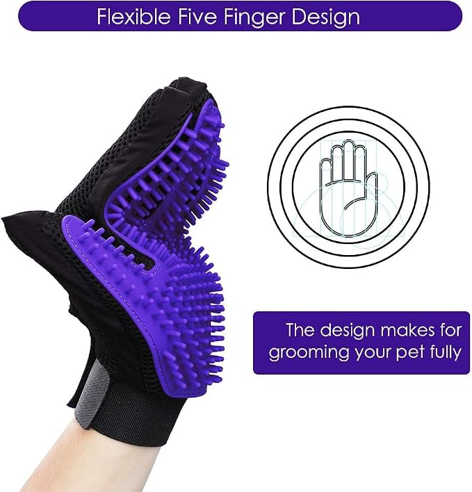 Pet Hair Removal Glove with 255 Silicone Tips for Dogs & Cats, Right Purple | 2-in-1 Deshedding & Massage Mitt, 5-Finger Flexible Design, for Bathing & Grooming, Safe for Long/Short/Curly Hair Pets
