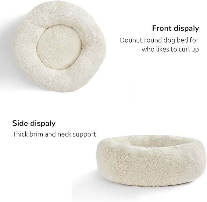 HACHIKITTY Calming Donut Cuddler Dog Bed, Round Fluffy Pet Bed for Large Dogs,Washable, Large, White, 30''