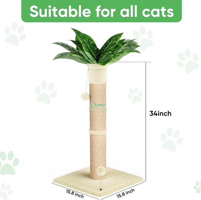 XiaZ Cat Scratching Post 34'' Tall, HeavyDuty and Thicker Cat Tower Scratcher with 2 Interactive Toy Balls, Premium Natural Sisal & Plush Fabric for Small, Medium Large Cats (Beige, 4.5in)