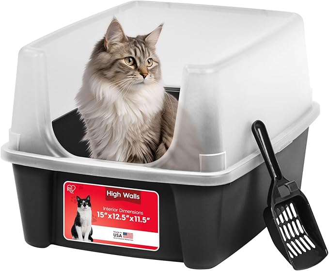 IRIS USA Large Open Top Cat Litter Box with High Sides, Scatter Shield & Scoop, Black - Easy Clean Plastic Litter Pan for Indoor Cats, Kittens or Multicat Homes
