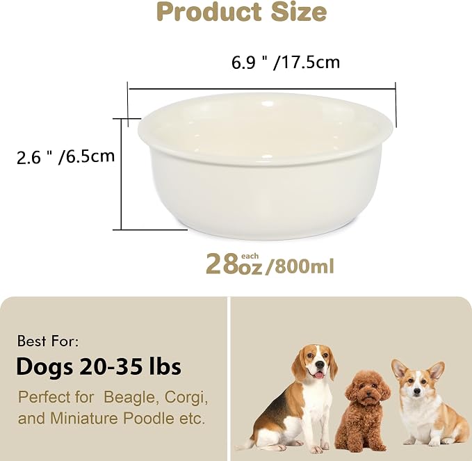 Ceramic Replacement Dog Bowls for Wordcam SS01 Model, 6.9"X2.6", Beige | Food and Water Bowl Set, for Small Medium Cats, Pet Feeding Dishes for Dogs 20-35lbs, Thicker Ceramic, Anti-Skid, 28Oz/800ML