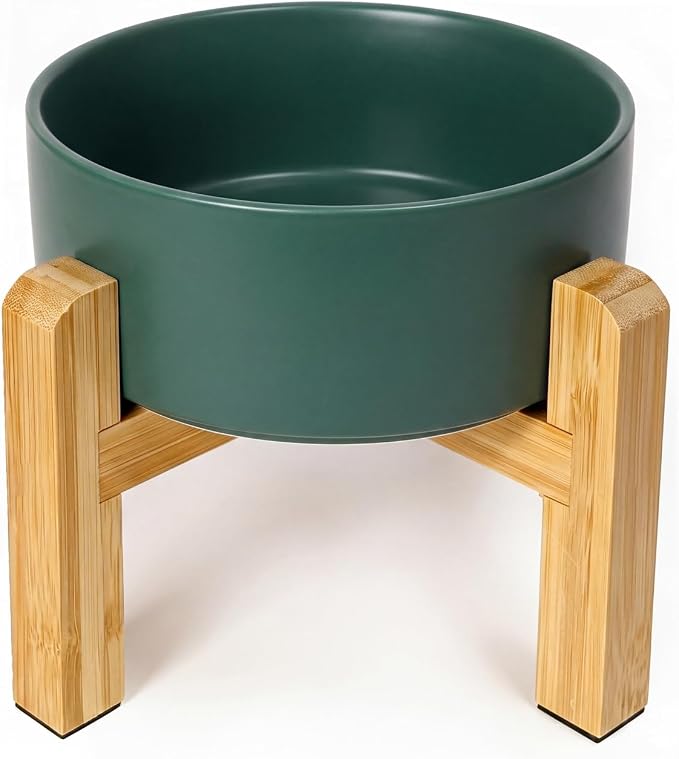 Ceramic Elevated Dog Bowl with Bamboo Stand, for Small & Medium Dog, Green
