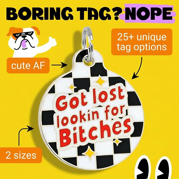 Bad Tags Personalized Dog and Cat ID Tags in 25+ Designs and 2 Sizes - 5 Lines of Custom Engraved Text - Funny Cute Personalized Pet Tags (Got Lost Lookin' for B*tches, Small (1 inch))
