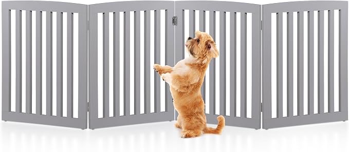 Freestanding Dog Door Indoor Folding Puppy Gate for Doorways Stairs 4-Panel Wood Pet Safe Barrier Fence for Hallways, Gray