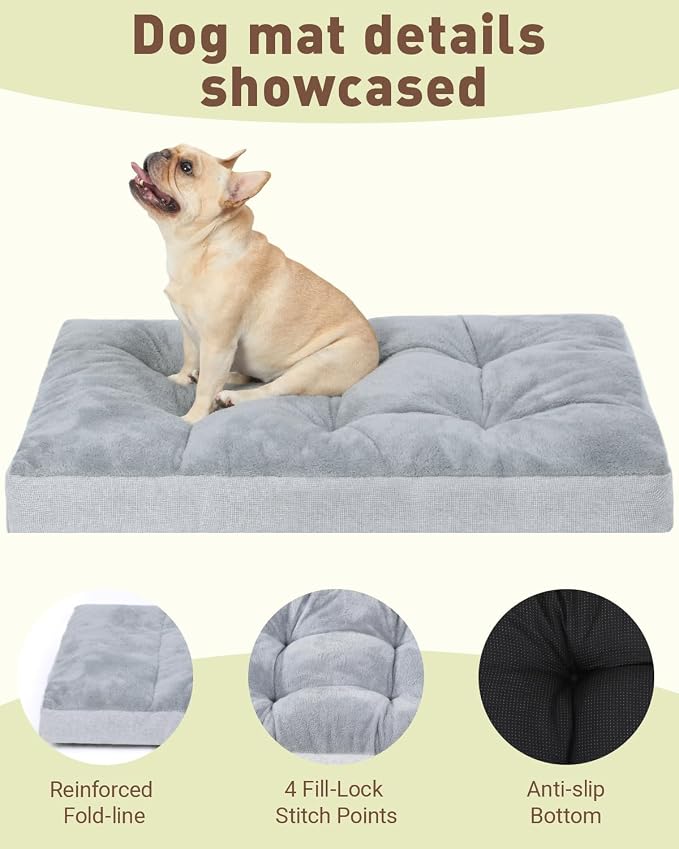 NUPIDA Washable Dog Bed for Large Dog, XL Crate Bed Plush Pet Kennel Pad with Non-Slip Bottom, Pet Sleeping Mat, 41x27 inch, Light Gray