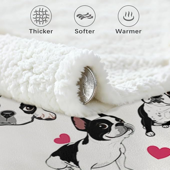 BlessLiving Boston Terrier Sherpa Blanket Queen Size 90x90 Inches - 3D Red Hearts Puppy Dog Print Super Soft Plush Fleece Throw for Adults, Women, Pet Lovers, Cute Animal Themed Gift