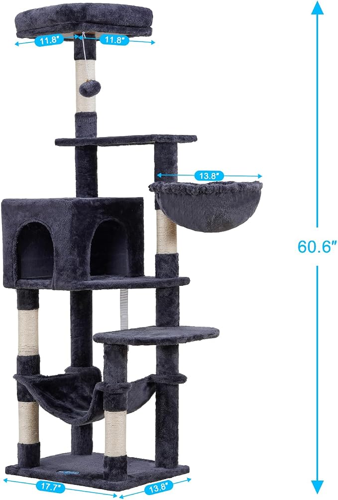 Hey-brother Cat Tree, Multi-Level Sisal Covered Scratching Posts, MPJ050G | 60.6 Inches Tower with Condo, Large Hammock, Top Perch, Toy Ball for Indoor Multi-Cats Households, Smoky Gray