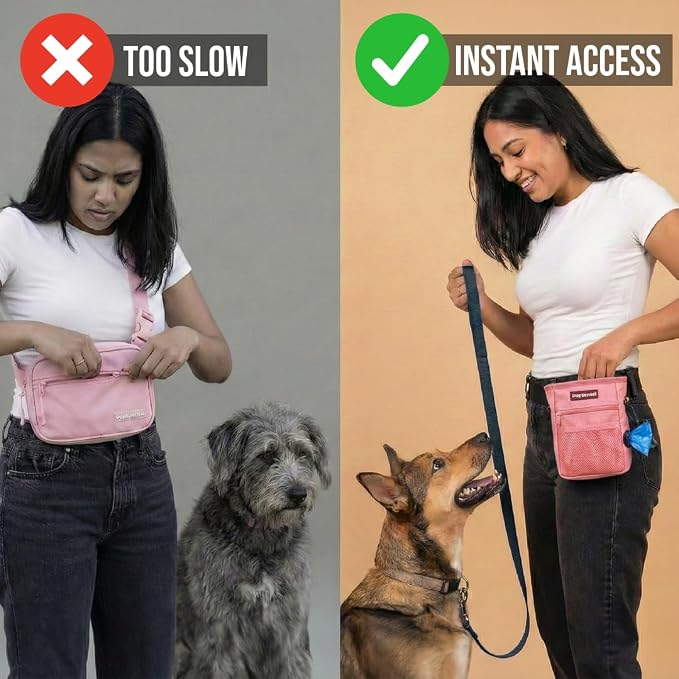 Dog Treat Pouch for Training – Magnetic Dog Treat Bag with Belt Clip & Poop Bag Dispenser – Hands Free Carry Pouch with Auto-Close Access & Shoulder Strap – Durable Pet Gear –Light Pink
