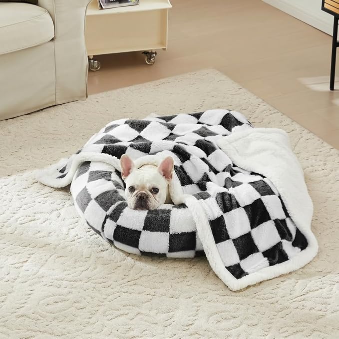 Ohocut Checkered Dog Blanket, Blue Jacquard Sherpa Blankets for Small Dog and Cats, Cute Aesthetic Style Fluffy Fleece Pets Blanket for Couch Protection Washable, 40"x50"