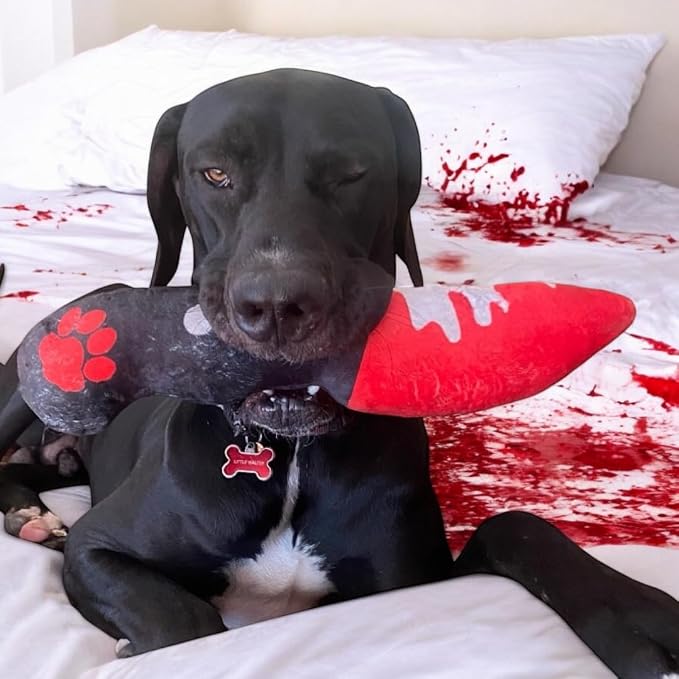 Bloody Knife® Brand Dog Toy (Large) | Halloween Horror Plush Toy for Medium and Large Dog Breeds | Scary Funny Squeaky and Crinkle Toy | Machine Washable