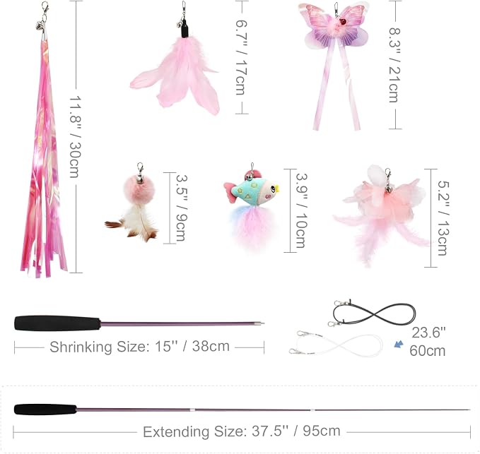 SONGWAY Cat Wand Toys for Indoor Cats - Cat Toy Set with Retractable Teaser Wand and 6 PCS Fairy Feather Toy Refills, Butterfly Tassel Plush Cat Toys Interactive, Pink