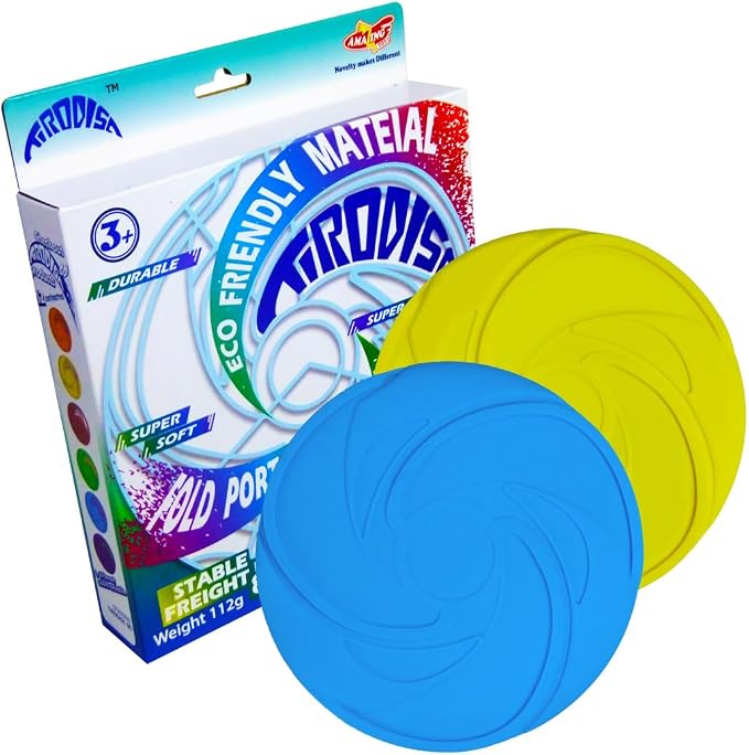 AMAZING TOYZ Dog Flying Discs 2 Pack Yellow and Blue Frisbee for Dog Toys, Soft Rubber Interactive Fetch Toy for Small Medium Large Dogs - Safe for Teeth and Chewers 20cm