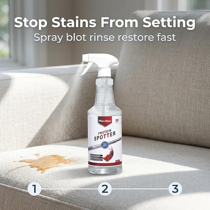Magic Finish Protein Spotter (32 Oz) – Powerful Fabric and Carpet Stain Remover Spray – Lifts Blood, Pet Urine, Vomit, Food and Wine Stains – Clear, Unscented Spot Cleaner Solution