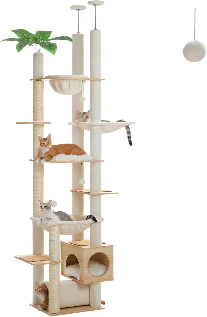 PEQULTI Floor to Ceiling Cat Tree, 93-101'' Adjustable Wooden Tower, Beige | Tri-column tower with ceiling posts & wall straps; 7 levels, condo, large hammock, 6 sisal posts & perches for adult cats