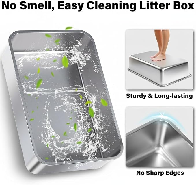 Stainless Steel Litter Box, XL Extra Large High Sided Metal Cat Litter Box with Lid and Scooper, Easy Clean, Non Stick & No Smell-23"x15"x10"