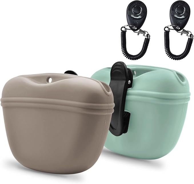 AUDWUD Silicone Dog Treat Pouch with Clicker Magnetic Closure Secure Clip | Upgraded clip keeps your treat pouch secure during training.Magnetic closure allows fast one hand access.Includes dog click