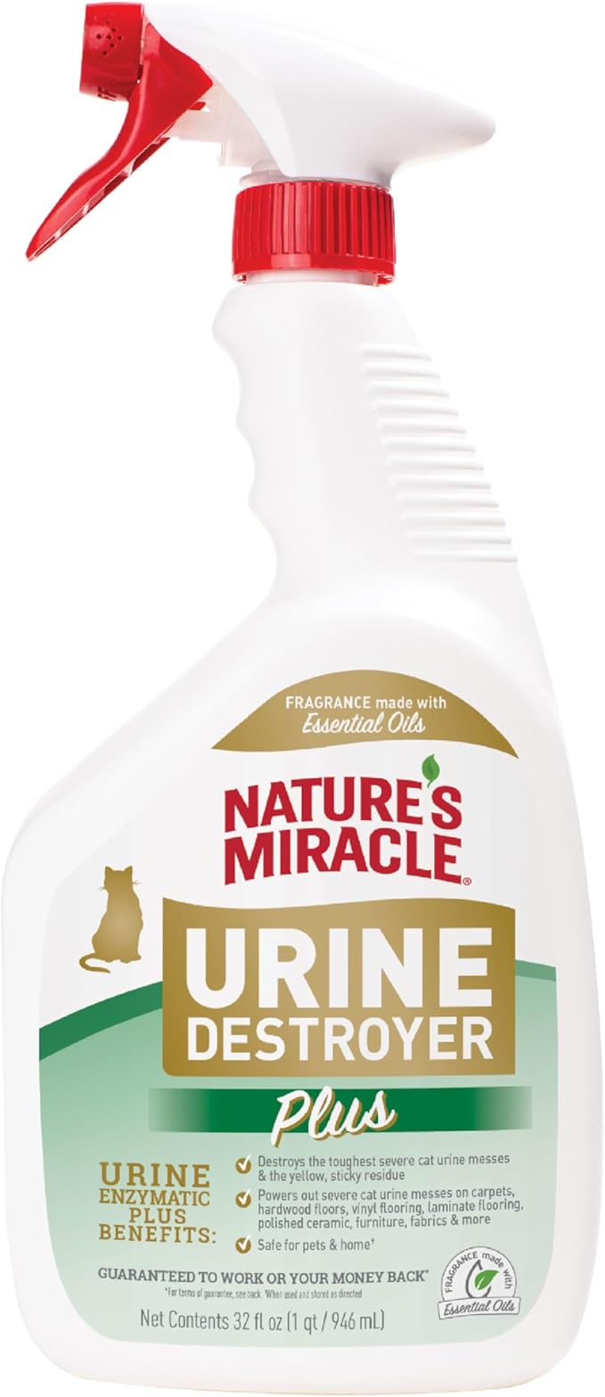 Nature's Miracle Cat Urine Destroyer Plus, Enzymatic Cleaner, 32 oz | Destroys the Toughest Cat Urine Stains, For Use on Multiple Surfaces, Safe For Pets and Home*, Fresh Scent