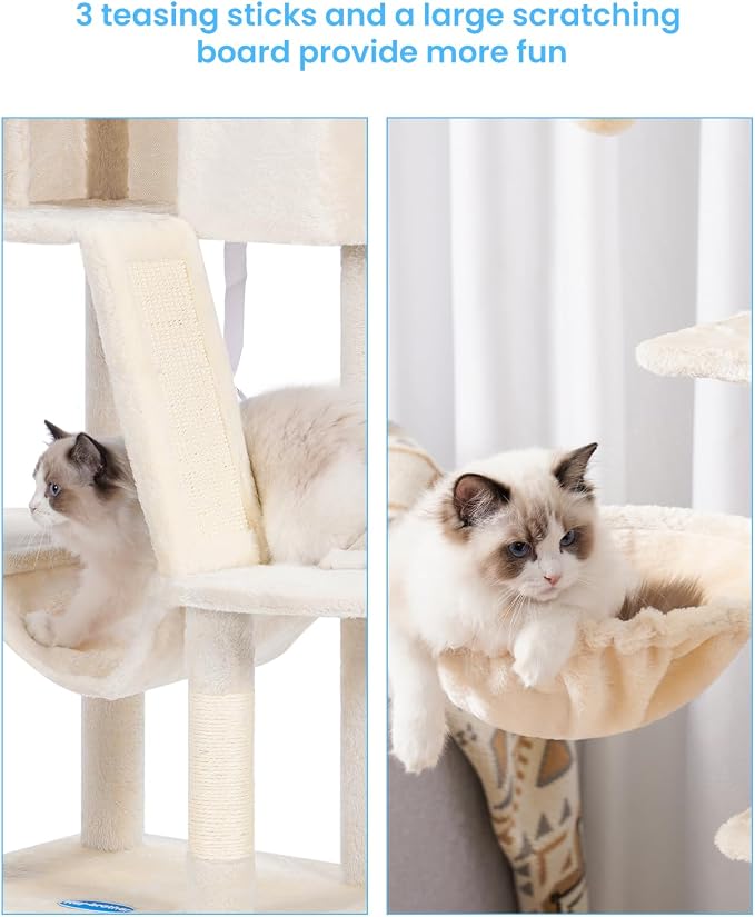 Hey-brother Cat Tree Tower with Padded Platform Bed, Hammock, MPJ019-SM | 53 Inches Cat House with Large Cozy Condo, Toy Balls and Sisal Scratching Posts for Indoor Multi-Cats, Beige