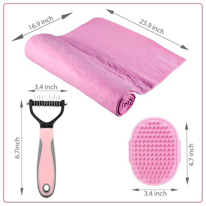 Cat Brush Towel 3pcs Grooming Kit - Bath Brush for Long-Haired Cats, Cat Brush for Indoor Cats with Flea Comb, Pink