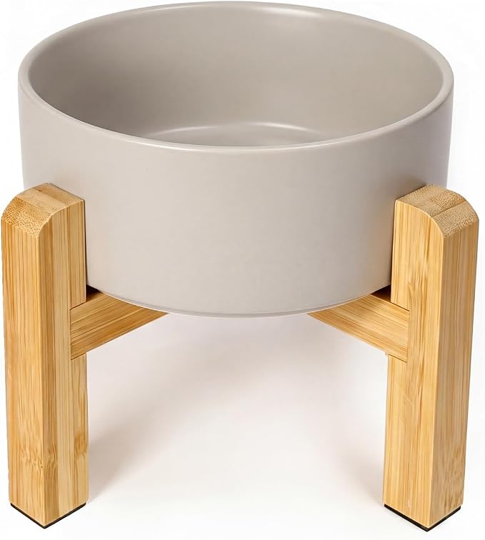 Ceramic Elevated Dog Bowl with Bamboo Stand, for Small & Medium Dog, Grey