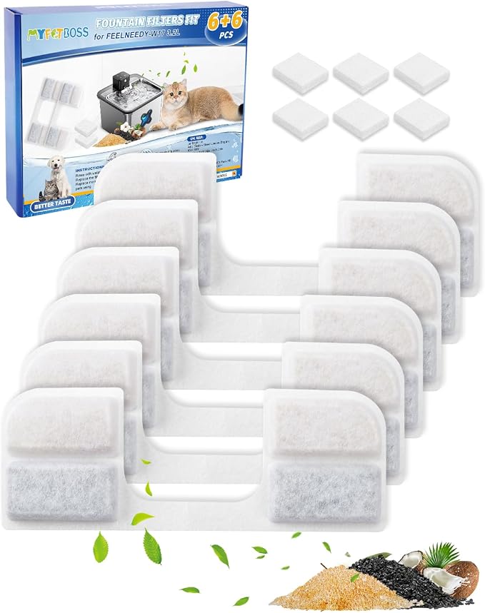6 + 6 Pack Cat Fountain Filter Replacement Compatible with FEELNEEDY Cat Water Fountain FN-W17 3.2L/ 108oz, Cat Water Filter, Pet Fountain Filter Replacement, Replacement Filters and Sponges