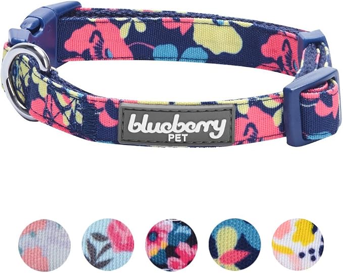 Blueberry Pet Made Well Profound Floral Print Adjustable Dog Collar in Navy Blue, X-Small, Neck 7.5"-10"