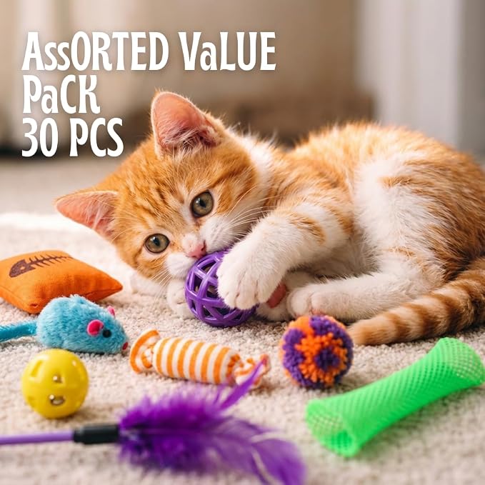 Kitty Catnip Toys- 30 Interactive Cat Toys for Indoor Cats & Kittens – Crinkle Balls, Sparkle Pom Pom Balls, Spiral Springs, Cat Mice, Teaser Wand, Kitten Toys, Cat Accessories - Variety Pack