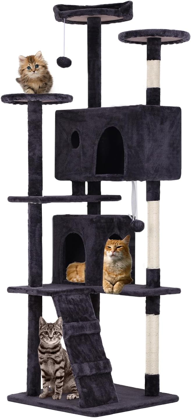 FDW | 70" Cat Tree Tower | Ashy | Multi-Level Indoor Activity Center with Sisal Scratching Posts, Condos, Plush Perches, Hanging Cat Toys | Sturdy, Easy to Assemble | for Kittens & Adult Cats