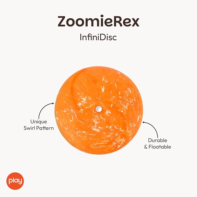 P.L.A.Y. Cute Outdoor Dog Toys - ZoomieRex InfiniDisc Rubber Frisbee, Great for Puppies & Small, Medium, Large Dogs - Dishwasher Safe, Lightweight, Floats in Water, Beach Friendly (Orange, Small)