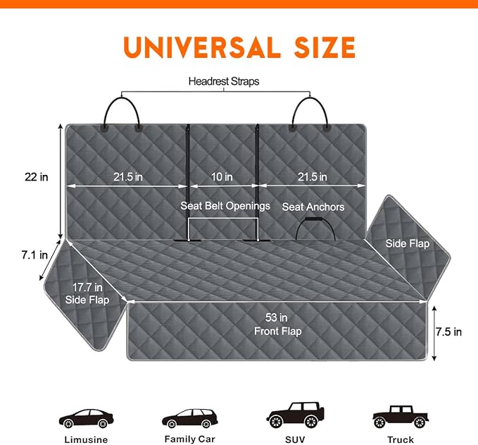 Yuntec Dog Car Cover for Back Seat Pet Car Seat Cover Protector Waterproof Rear Seat Cover Nonslip Bench Car Seat Cover fits Middle Armrest for Most Cars Trucks SUVs (53” Width) - Grey