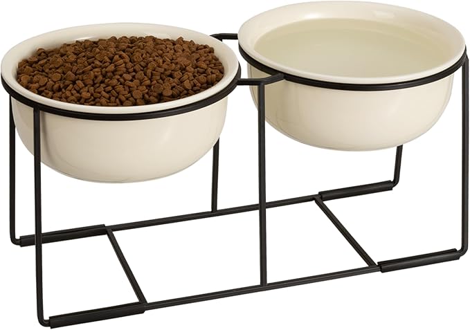 Ceramic Elevated Dog Bowl Set - Raised Double Feeding Bowls with Metal Stand - Pet Dishes for Medium and Large Dogs - 5.8 Cups - 47.3 fl oz - Beige
