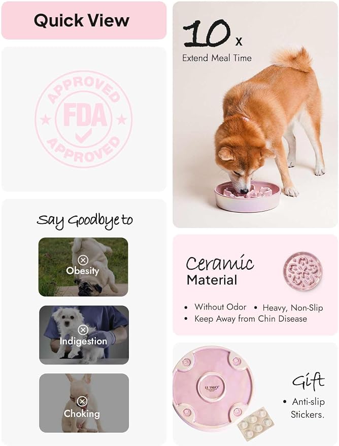LE TAUCI Dog Bowls Slow Feeder Ceramic, 1.5 Cup Slow Feeding Bowl for Small and Medium Breed, Puzzle Dog Food Bowl for Fast Eater,Sakura Pink