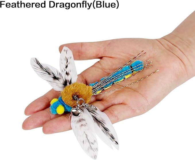 TTcat 3 Pack Dragonfly Grasshopper Cat Wand Refills, Realistic Natural Feather Insect Detachable Replacement Toy Heads with Bell, Universal Lobster Clip-on Cat Teaser Attachments.